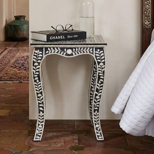 Handcrafted Bone Inlay Console Table | Moorish Geometric Nightstand | Artisan Indian Wooden Furniture | Living Room Accent End Table