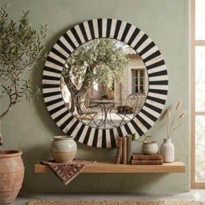 Luxury Inlay Round Mirror Frame | Geometric Black and White Striped Mirror | Rajasthani Handcrafted Wall Art