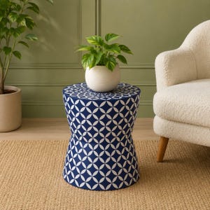 Handmade Blue Bone Inlay Hourglass Side Table - Geometric Round Accent Stool & Plant Stand
