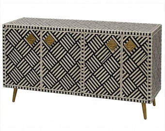 Luksusowa czarno-biała szafka kredensowa z intarsją z kości – ręcznie robiona nowoczesna konsola kredensowa – Artisan Storage Furniture – Wystrój wnętrz premium