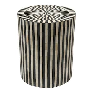 Luxury Black & White Bone Inlay Drum Stool | Handmade Side Table | Modern Accent Table | Geometric Bone Inlay Decor