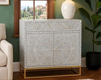 Mother of Pearl Inlay Cabinet - Floral Inlay Sideboard with Brass Legs, Handcrafted Bone Inlay Commode, Premium Console Table