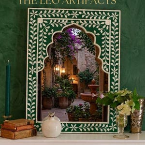Green Bone Inlay Arched Mirror | Floral Wall Mirror by The Leo Artifacts | Moroccan Arch Mirror Frame for Entryway & Living Room Decor