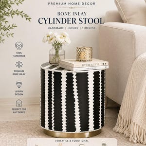 Black Bone Inlay Cylinder Stool with Brass Base | Handmade Side Table | Luxury Accent Table | Modern End Table | Bedside Table
