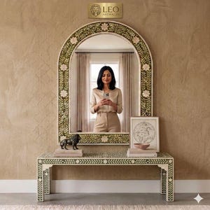 Handmade Bone Inlay Arched Wall Mirror & Matching Console Table et | Luxury Entryway Furniture | 'Leo Artifacts' Premium Home Decor