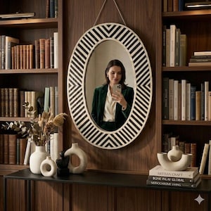 Luxury Bone Inlay Chevron Oval Mirror | Handmade Geometric Wall Mirror for Living Room, Entryway Console | Art Deco Chevron Mirror Frame