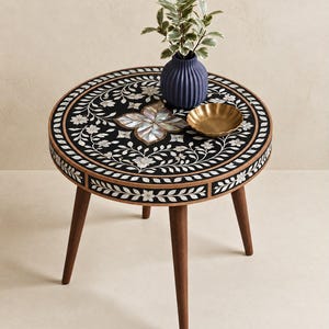 Mother of Pearl Inlay Round Side Table, Black and White Floral Mosaic Accent Table, Handmade Wooden End Table,Living Room Furniture.