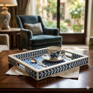 May include: A rectangular serving tray featuring a blue and white leaf pattern, holding a matching ceramic teacup and saucer with a gold rim, and a small silver-toned metal spoon resting on the tray surface, all arranged on a light fabric napkin.