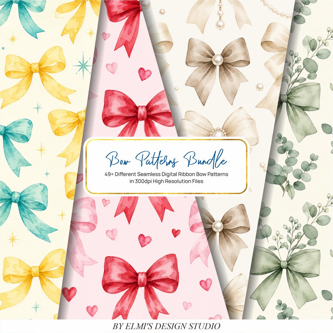 Ribbon Bow Seamless Patterns Bundle, Pastel Watercolor Digital Paper ...