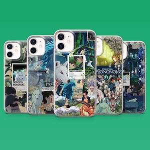 May include: Five clear phone cases featuring collage-style graphics from Princess Mononoke. The designs include illustrations of wolves, forest spirits, and characters with text reading Princess Mononoke. Each case has cutouts for the camera lenses.