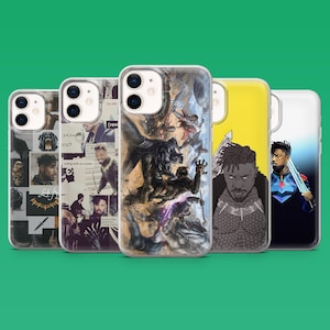 May include: Five phone cases with different designs. The cases display images of a man, a skull, and graphic art. The cases are in clear, yellow, and white. The background is a solid green.