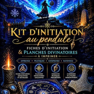 May include: A digital poster titled KIT D'INITIATION au pendule featuring a dark fantasy landscape with a Viking figure, a longship, a glowing candle, runic stones, a pendulum, and a circular divination board with text in French.