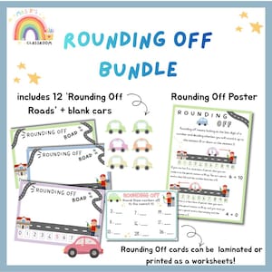 Könnte beinhalten: Ein Rounding Off Bundle Lernset mit Poster, Arbeitsblättern und Karten. Die Materialien umfassen Rounding Off Road-Blätter, leere Auto-Ausschnitte und ein Poster, das Rundungskonzepte mit Zahlen, Autos und einer Tankstelle erklärt.