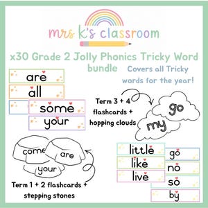 May include: A colorful educational bundle for Grade 2 Jolly Phonics, featuring flashcards and stepping stones with tricky words like "are," "all," and "some." Includes hopping clouds with "go" and "my." The design incorporates a rainbow and pencil.