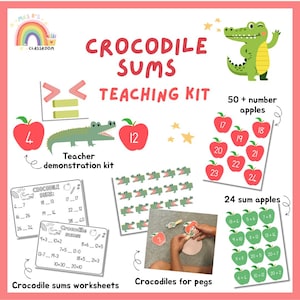May include: A Crocodile Sums teaching kit featuring educational materials including worksheets, number apples, and crocodile cutouts. The kit includes printed sheets with maths problems, a set of apples labelled with numbers, and crocodile figures for pegs.