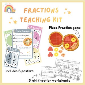 以下が含まれることがあります： 分数の学習キット。定義や図解が載った6枚の教育用ポスター、トッピング付きのピザ分数ゲーム、5枚のミニワークシートが含まれています。キットには「Fractions Teaching Kit」「A third」「A half」「Pizza Fraction game」といったテキストラベルが記載されています。