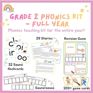 Op de afbeelding: Een fonetiekset voor groep 4 voor het hele jaar met 32 klankflitskaarten, 29 verhalen, een herhalingsspel, klankdozen en meer dan 200 spelkaarten. Het educatieve materiaal bevat tekst, illustraties en instructielabels voor fonetiekonderwijs.