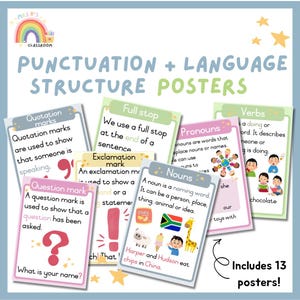 Może przedstawiać: Zestaw 13 plakatów edukacyjnych zatytułowanych Punctuation + Language Structure Posters, z pastelowymi obramowaniami. Każdy plakat wyjaśnia zagadnienia gramatyczne, takie jak rzeczowniki, czasowniki i znaki interpunkcyjne, za pomocą tekstu i ilustracji.