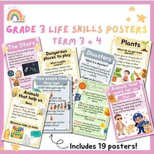 以下が含まれることがあります： Grade 3 Life Skills Posters Term 3 + 4と題された教育用ポスターのコレクション。星、危険な遊び場、災害、植物、昔の生活、太陽系、そして私たちを助けてくれる動物といったテーマが描かれています。