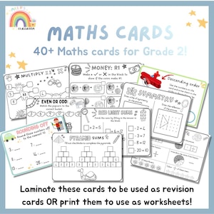 Puede incluir: Una colección de tarjetas educativas de matemáticas para estudiantes de segundo grado con hojas de trabajo en blanco y negro que incluyen ejercicios de multiplicación, dinero, simetría, redondeo y sumas en pirámide.