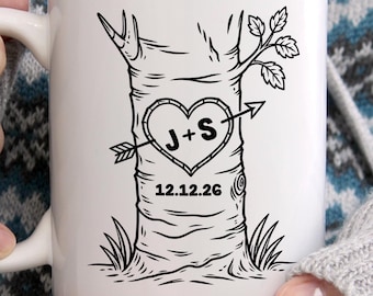 Personalized Engraved Couple Pottery Mug, Wedding Gift, Custom Carved Initials In A Heart Tree Couple Mug, Engagement Gifts, Newlywed Gift