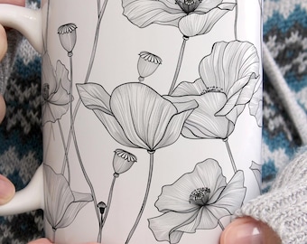 Poppy Flower Mug, Botanical Black and White Ceramic Coffee Cup, Minimalist Floral Gift