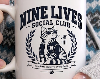 Nine Lives Social Club Mug, Funny Cat Coffee Mug, Cat Lover Gift, Nine Lives Cat Mug, Pet Lover Gift, Funny Cat Gift, Cat Mom Dad Mug