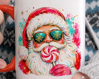 Santa Christmas Mug, Sunglasses Santa Ceramic Mug, Candy Cane Holiday Mug, Festive Christmas Gift, Cute Santa Claus Mug
