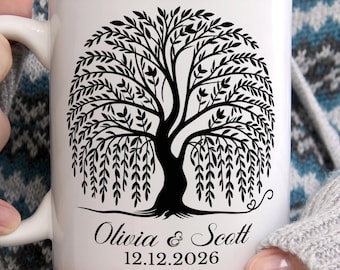Personalized Couple Mug, Custom Names and Date Ceramic Mug, Personalized Willow Tree Coffee Mug, Anniversary Gift, Romantic Couple Keepsake