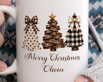 Personalized Christmas Mug, Custom Name Merry Christmas Ceramic Mug, Christmas Tree Mug, Holiday Gift, Festive Winter Mug
