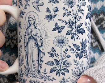 Virgin Mary Mug, French Blue Floral Catholic Ceramic Mug, Religious Christian Gift