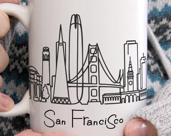 San Francisco Mug, Minimalist Golden Gate Bridge Line Art Ceramic Coffee Cup, California Skyline Travel Souvenir Gift