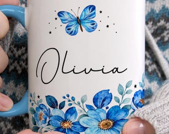 Personalized Name Mug, Custom Floral Coffee Mug, Butterfly Mug, Custom Name Gift for Her, Birthday Gift for Women, Personalized Coffee Cup