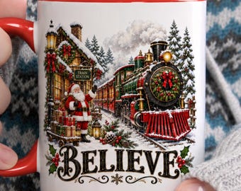 Believe Christmas Train Mug, Santa Claus Ceramic Mug, Vintage Holiday Train Station Mug, Festive Christmas Gift, Winter Mug