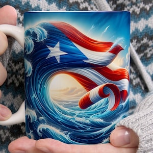 May include: A white ceramic mug featuring a vibrant graphic design of a stylized ocean wave merging with the red, white, and blue colors of the Puerto Rican flag, complete with a single white star set against a blue triangle on the left side.