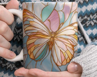 Butterfly Stained Glass Ceramic Mug, Pastel Butterfly Art Coffee Cup, Floral Nature Gift