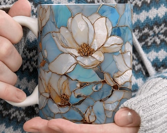 Magnolia Floral Stained Glass Ceramic Mug, Blue White Gold Botanical Flower Art Coffee Cup, Elegant Coffee Tea Cup Gift