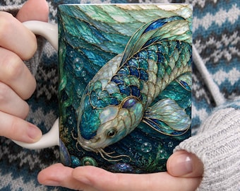 Koi Fish Stained Glass Ceramic Mug, Blue Koi Art Coffee Cup, Fish Lover Gift