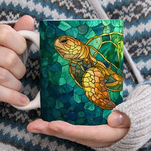 Sea Turtle Stained Glass Ceramic Mug, Ocean Animal Art Coffee Cup, Green Turtle Gift