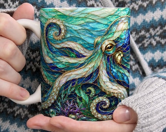 Octopus Stained Glass Mug, Octopus Coffee Mug, Ocean Art Mug, Nautical Decor Cup, Sea Creature Mug, Octopus Lover Gift