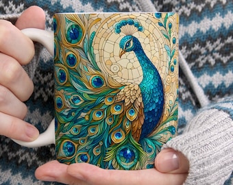 Stained Glass Peacock Ceramic Mug, Teal Gold Bird Art Nouveau Cup, Peacock Feather Gift