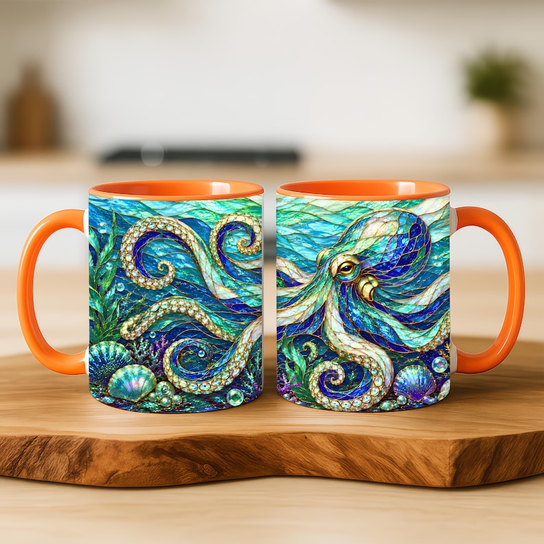 May include: Two ceramic mugs with bright orange handles and rims, featuring a vibrant, stained-glass style illustration of an octopus swimming among seaweed, coral, and seashells in deep blue and green ocean waters with shimmering bubbles.