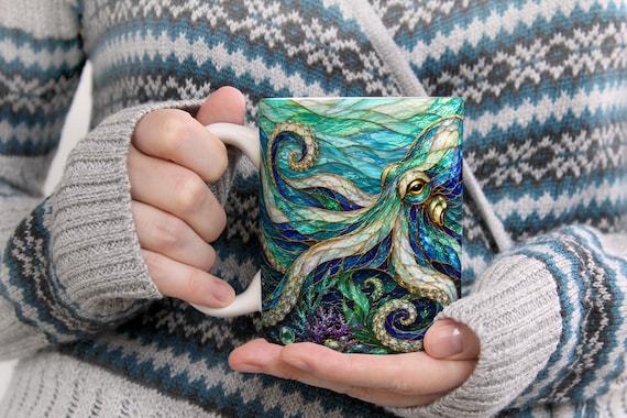 Octopus Stained Glass Mug, Octopus Coffee Mug, Ocean Art Mug, Nautical Decor Cup, Sea Creature Mug, Octopus Lover Gift