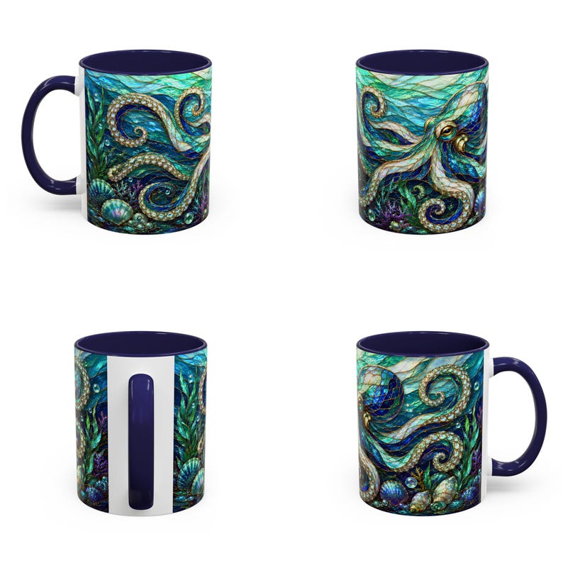May include: A ceramic mug featuring a vibrant, stained-glass style illustration of an octopus surrounded by seaweed and seashells in shades of deep blue, teal, and green. The mug has a solid dark blue handle and a matching dark blue interior rim.