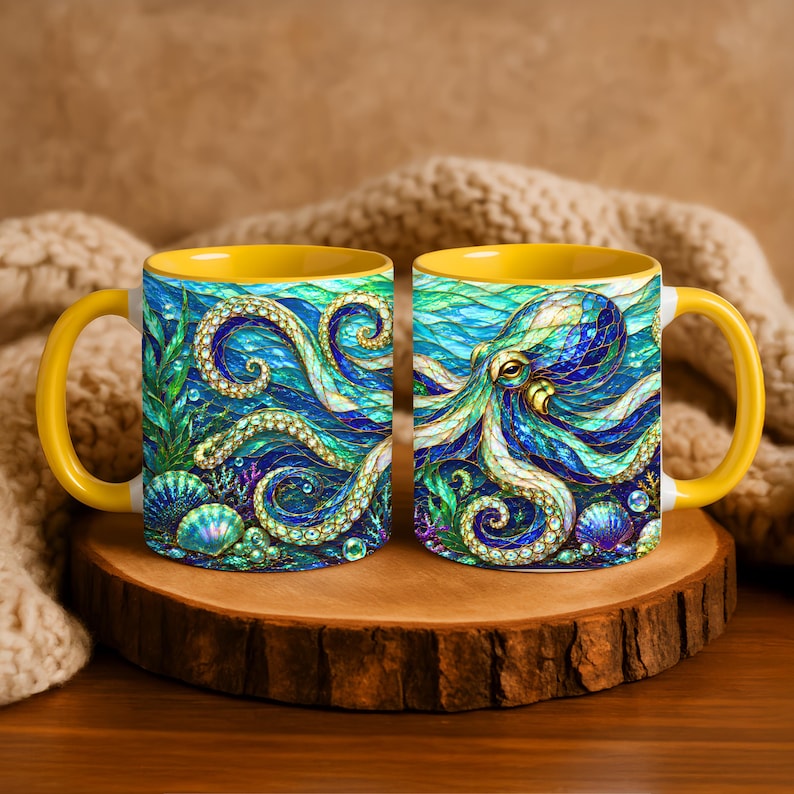 May include: Two ceramic mugs with yellow handles and interiors, featuring a vibrant, stained-glass style illustration of an octopus swimming among seaweed and seashells in shades of blue, green, and gold, set against a deep ocean background.