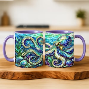May include: Two ceramic mugs with purple handles and rims, featuring a vibrant, stained-glass style illustration of an octopus surrounded by seaweed, seashells, and pearls in shades of deep blue, turquoise, and green against an aquatic background.