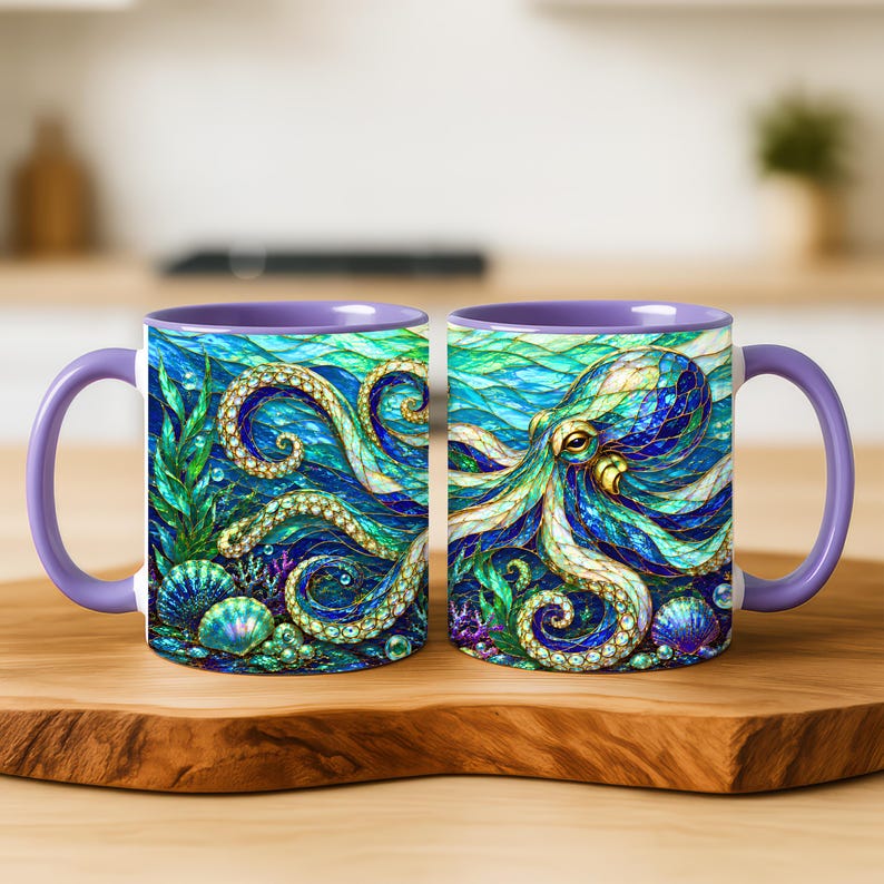 May include: Two ceramic mugs with purple handles and rims, featuring a vibrant, stained-glass style illustration of an octopus surrounded by seaweed, seashells, and pearls in shades of deep blue, turquoise, and green against an aquatic background.