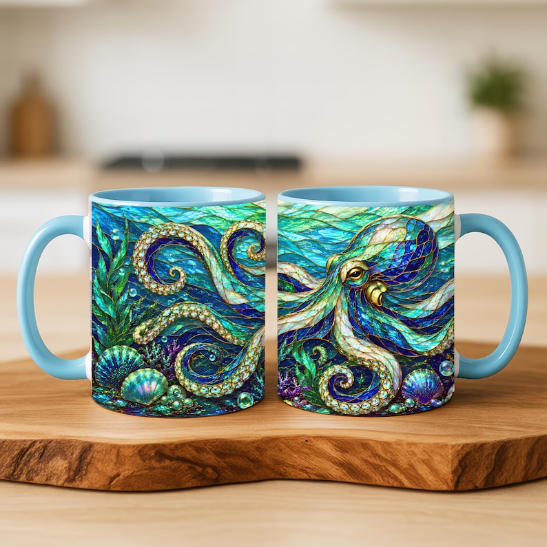 Octopus Stained Glass Mug, Octopus Coffee Mug, Ocean Art Mug, Nautical Decor Cup, Sea Creature Mug, Octopus Lover Gift image 5