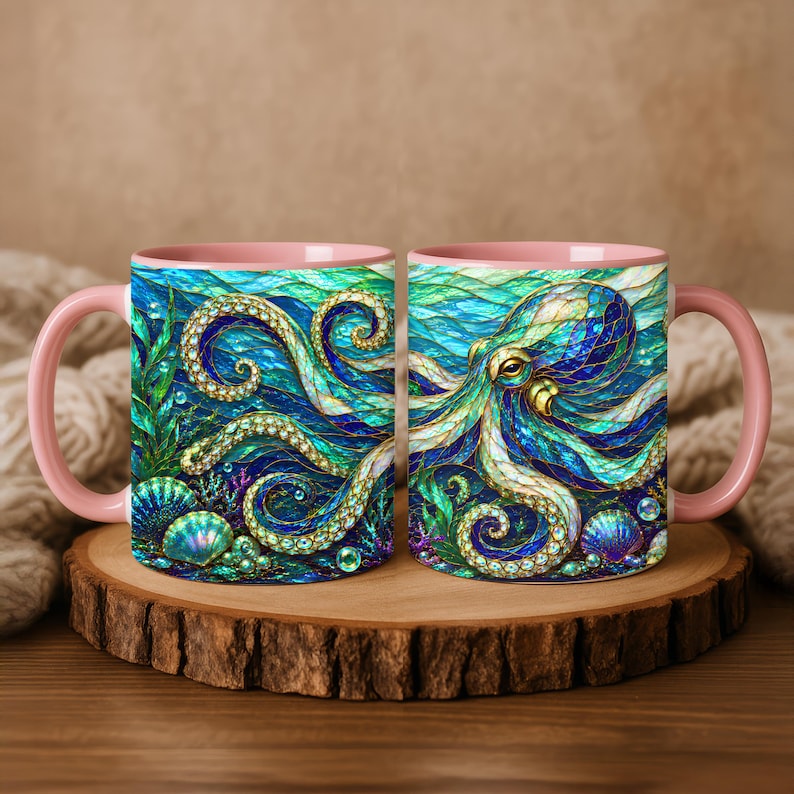 May include: Two ceramic mugs with pink handles and interiors, featuring a vibrant, stained-glass style illustration of an octopus swimming among seaweed, coral, and seashells in deep blue and teal ocean waters with bubbles.