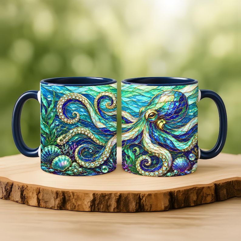 May include: Two ceramic mugs featuring a vibrant, stained-glass style illustration of an octopus surrounded by seaweed, seashells, and bubbles. The design uses shades of blue, teal, and gold, with a solid dark blue handle and interior rim.